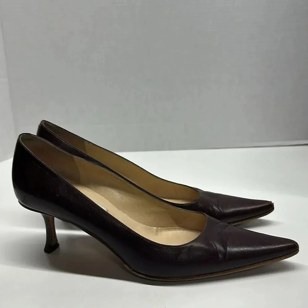 Jimmy Choo Heels High Heel Pumps Pointed Toe Shoes Leather Dark Brown Size 7.5